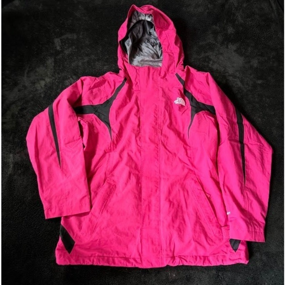 The North Face Girls XL 18 HyVent Rain Jacket Pink Black Hooded Full Zip Coat